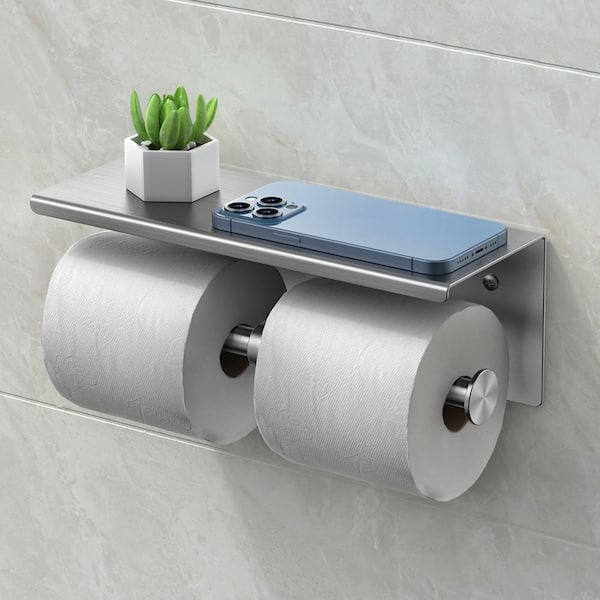 Stainless Steel Wall Mounted Double Post Toilet Paper Holder with Shelf Storage Rack in Brushed Nickel