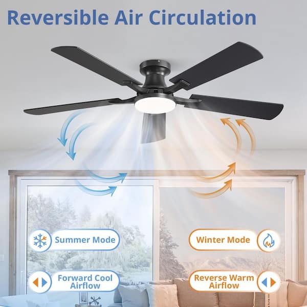 52 in. indoor Dimmable Matte Black 6-Speed Flush Mount Ceiling Fan with Adjustable LED and Remote Control