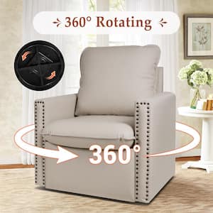 Beige Vegan Leather 360° Swivel Nailhead Trim Accent Arm Chair with Cushion