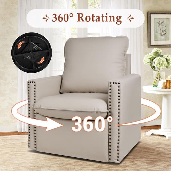JEAREY Beige Vegan Leather 360° Swivel Nailhead Trim Accent Arm Chair with Cushion