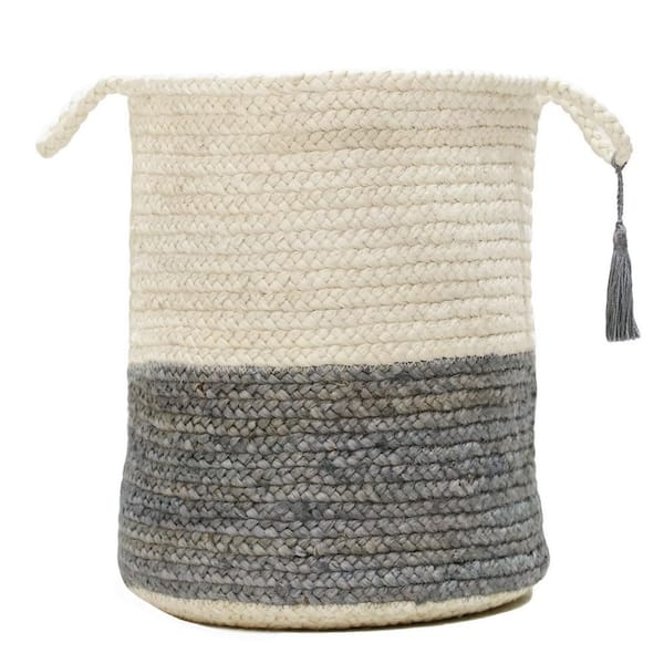 LR Home Amara Two-Tone Off-White / Gray 17 in. Jute Decorative Storage Basket with Handles