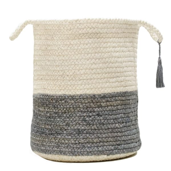 Unbranded Amara Two-Tone Off-White / Gray 19 in. Jute Decorative Storage Basket with Handles