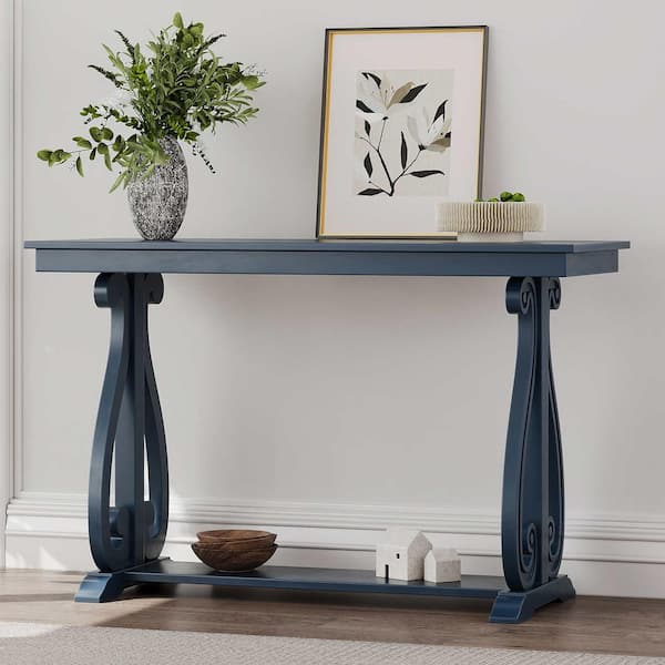 Polibi Rustic 48 in. Navy Rectangle Wood Console Table with Open Shelf ...