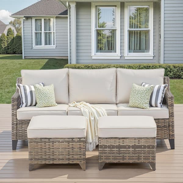 3-Piece Metal and Wicker Outdoor Sectional Armchair Sofa Couch Set with Ottomans with Beige Cushions