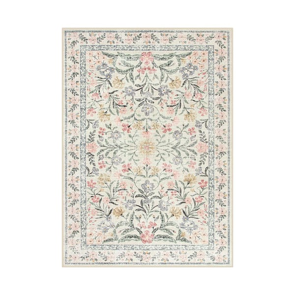 Oriental Floral Beige Soft Non-Slip 5 ft. x 7 ft. Living Room/Bedroom Indoor Area Rug