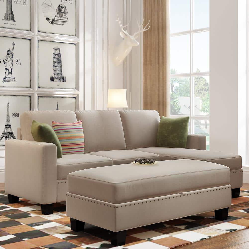 81.1 in. Square Arm Fabric L-shaped Sofa with Storage Ottoman L-Shaped Sofa in. Warm Grey