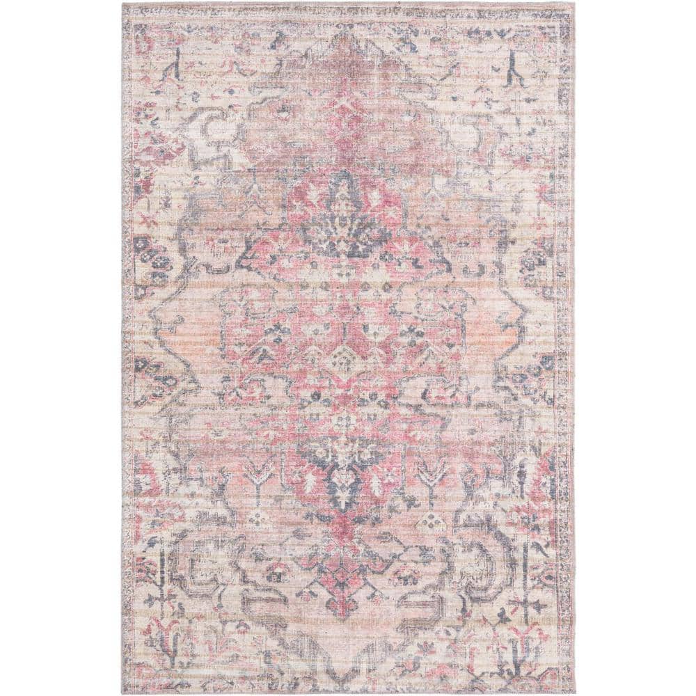 Beige Pink Rectangular Washable Synthetic Area Rug
