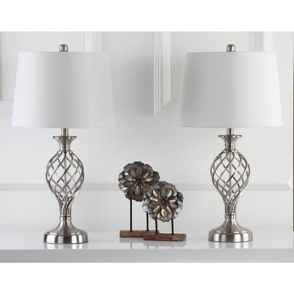 Lattice Urn 26.75 in. Nickel Table Lamp with White Shade (Set of 2)