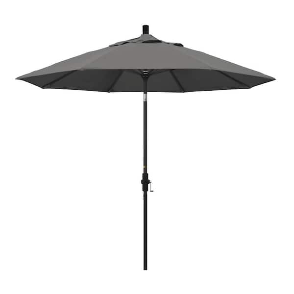 California Umbrella 9 ft. Stone Black Aluminum Collar Tilt Crank Lift Market Patio Umbrella in Charcoal Sunbrella