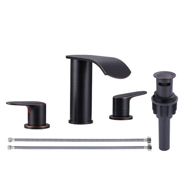 IVIGA Stainless Steel 8 in. Widespread Double Handle Waterfall Bathroom Faucet W/ Drain and Supply Lines in Oil Rubbed Bronze