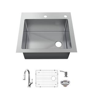 AIO Dolancourt Tight Radius Drop-in/Undermount 18G Stainless Steel 25 in. Single Bowl Kitchen Sink with Pull-Down Faucet