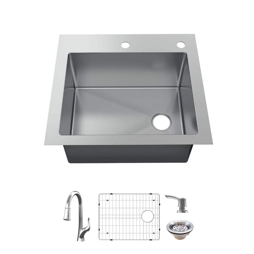Glacier Bay AIO Dolancourt Tight Radius Drop-In/Undermount 18G Stainless Steel 25 in. Single Bowl Kitchen Sink with Pull-Down Faucet, Silver