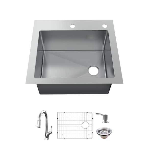 Glacier Bay Dolancourt Tight Radius 25 in. Drop-In Single Bowl 18 Gauge Stainless Steel Kitchen Sink with Pull-Down Faucet