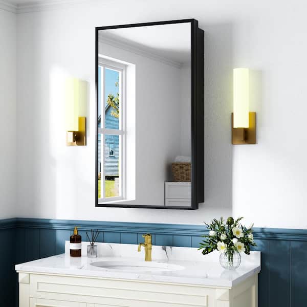 14 in. W x 24 in. H Rectangular Iron Medicine Cabinet with Mirror and Adjustable Shelves, Recessed or Surface Mount