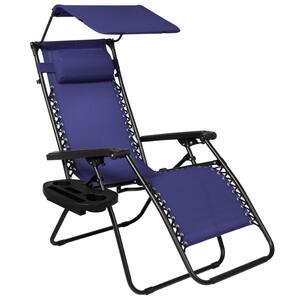 Zero Gravity Folding Reclining Navy Blue Fabric Outdoor Lawn Chair w/Canopy Shade, Headrest Tray