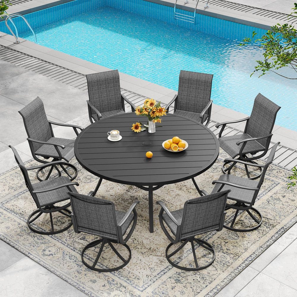 All Weather 9-Piece Metal Outdoor Patio Dining Set with 60 in. Black Round Table and 8 Dark Gray Swivel Dining Chairs price history on PriceWatchPro