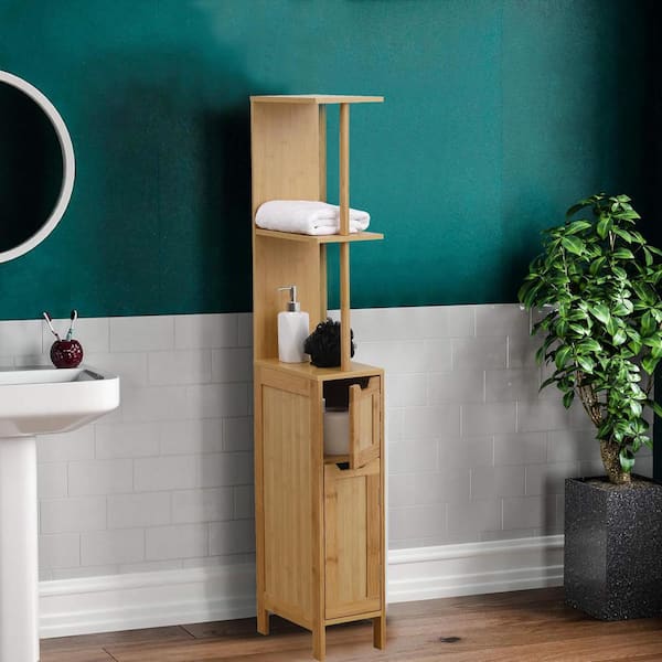 EVIDECO French home goods MAHE 7.2 in. W x 12 in. D x 51.4 in. H Free Standing Linen Cabinet Slim with 2-Doors Bamboo, Brown