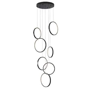 7-Lights Dimmable Integrated LED Black Modern Chandelier for Stairs Living Room High Ceiling Pendant Light