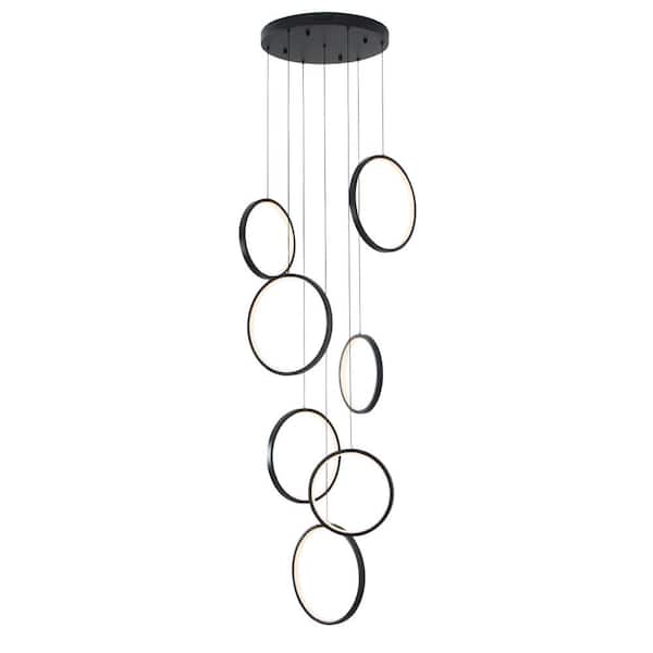 UMEILUCE 7-Lights Dimmable Integrated LED Black Modern Chandelier for Stairs Living Room High Ceiling Pendant Light