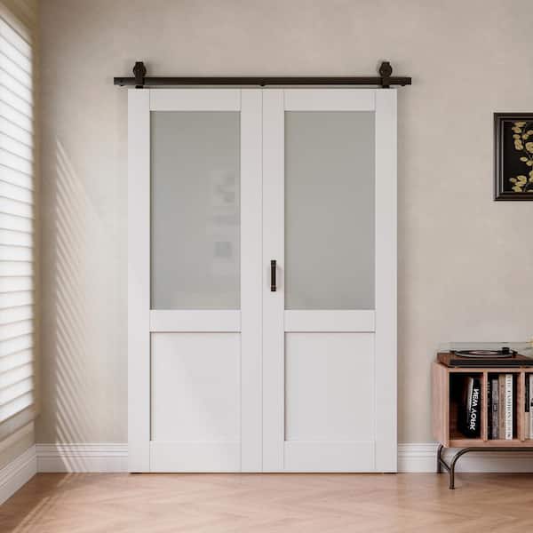 56 in. x 80 in. 1/2 Lite Tempered Frosted Glass White Primed Bifold Sliding Barn Door with Hardware Kit