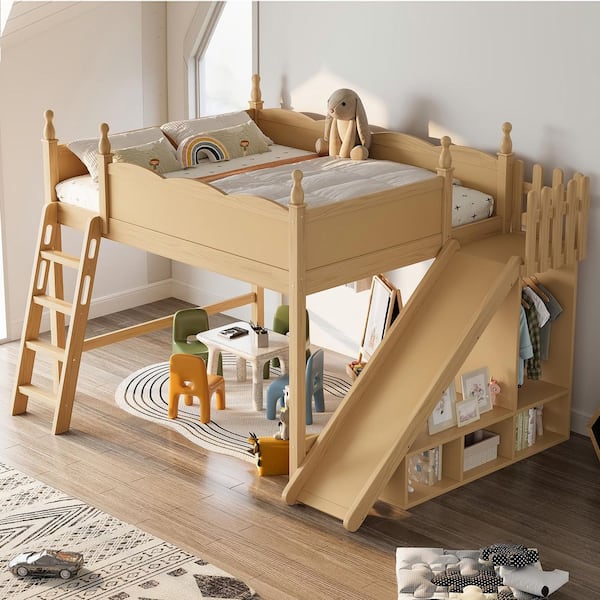 Natural Queen Loft Bed with Storage Shelves and Wardrobe,Detachable Slide and Ladders