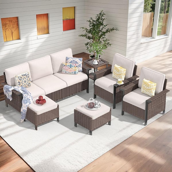 Buenaola Nyajiah 6-Piece Wicker Patio Conversation Set with Beige Cushions
