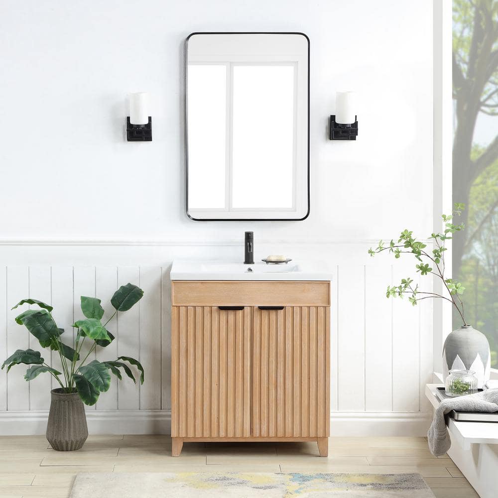 Palos 29.9 in.W x 18.1 in.D x 34.8 in.H Single Sink Bath Vanity in Fir Brown with White Ceramic Basin Top and Mirror price history on PriceWatchPro