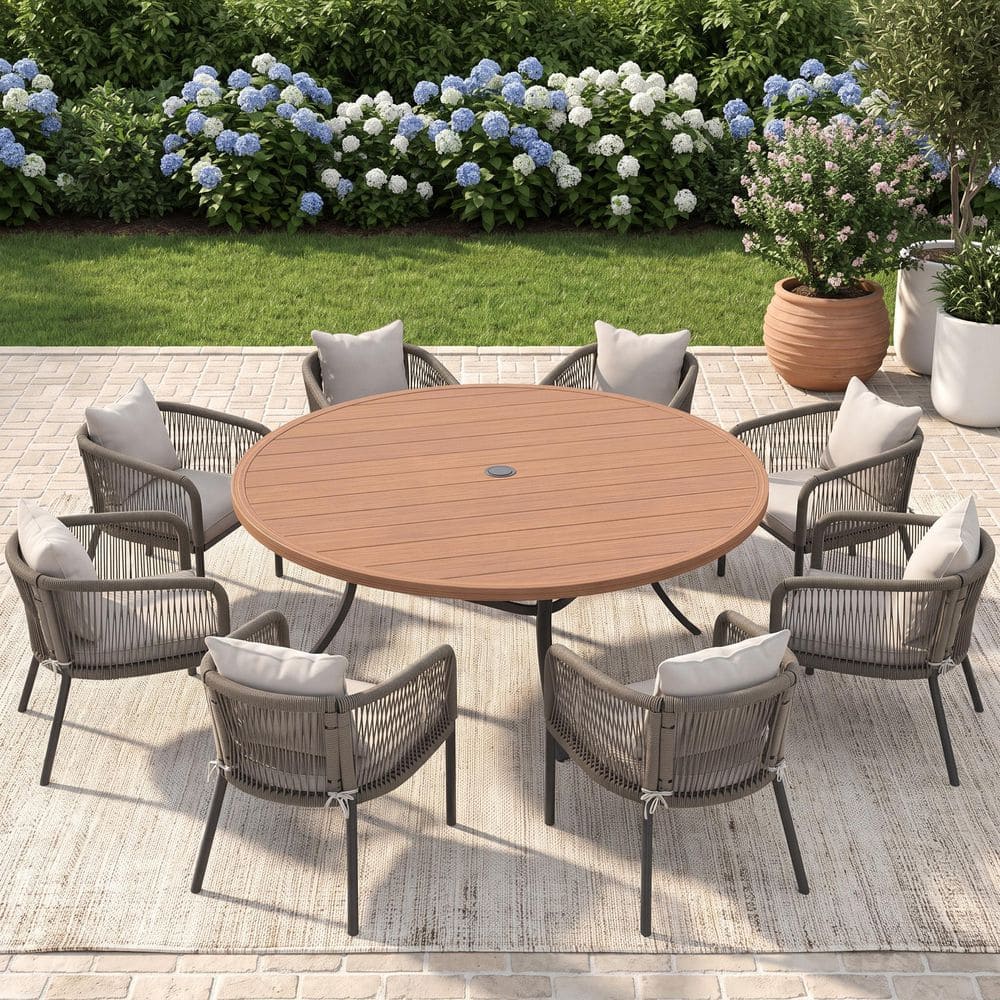 9-Piece 60 in. Walnut Metal Round Slatted Patio Outdoor Dining Set with 8 Gray Wicker Rope Chairs with White Cushions price history on PriceWatchPro