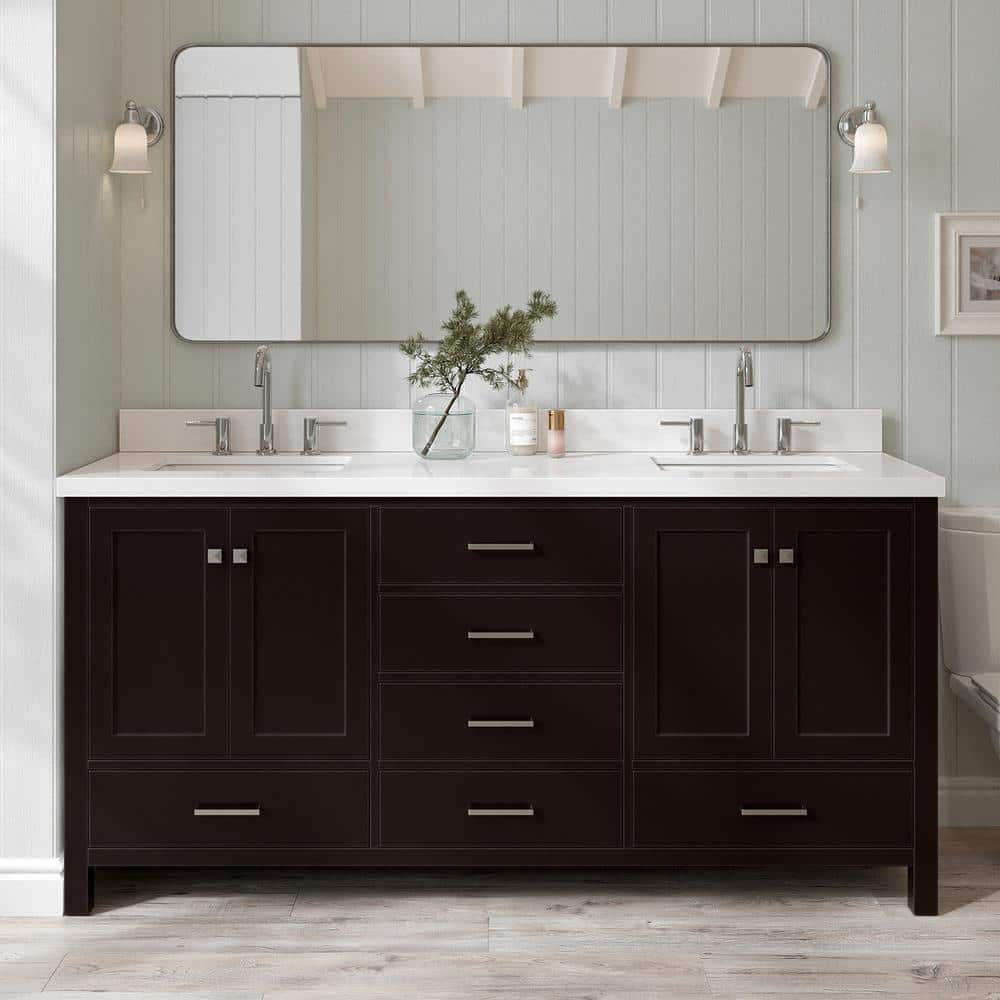 Cambridge 73 in. W x 22 in. D x 36 in. H Vanity in Espresso with Pure White Quartz Top -  ARIEL, A073DWQRVOESP