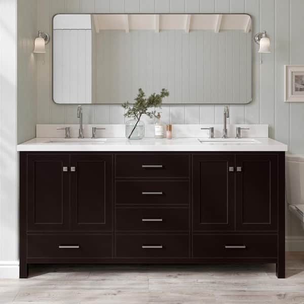 Cambridge 72 in. Double Sink Freestanding Bathroom Vanity in Espresso with Pure White Quartz Top