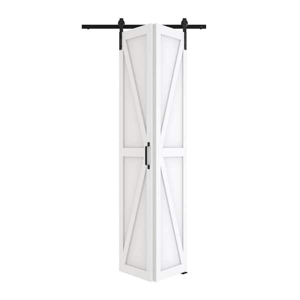 TENONER 30 in. x 84 in . (15 in. x 2) K-Shaped Bi-Fold MDF White Pre-drilled Sliding Barn Door with Hardware Kit Set.