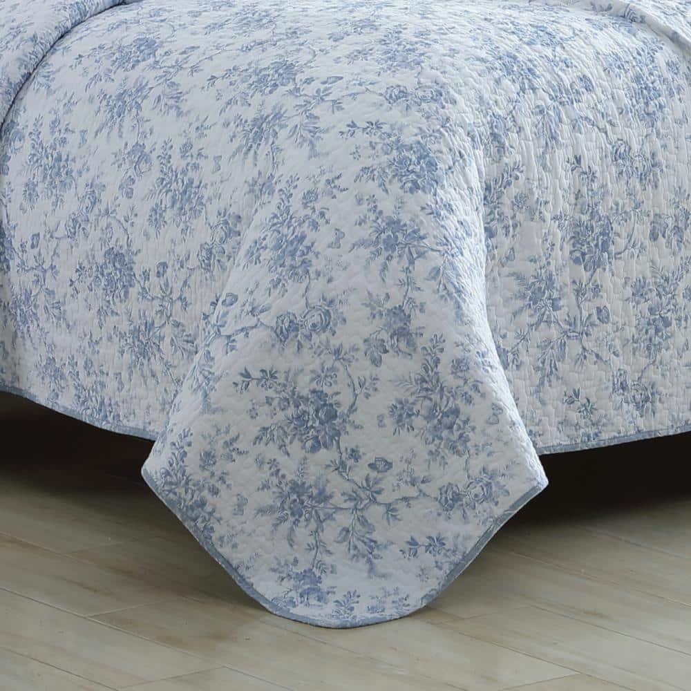 Laura Ashley Blue Floral Cotton King Reversible Quilt Set