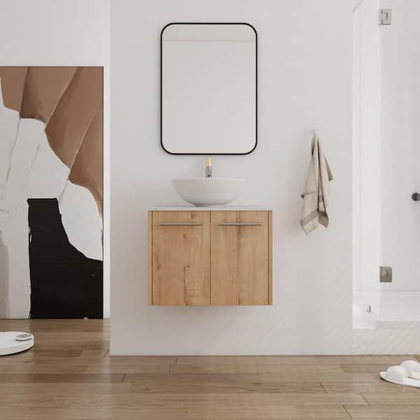ARTCHIRLY 24 in. W x 19 in. D x 18 in . H Floating Bathroom Vanity in Brown with Glossy White Round Ceramic Basin Top