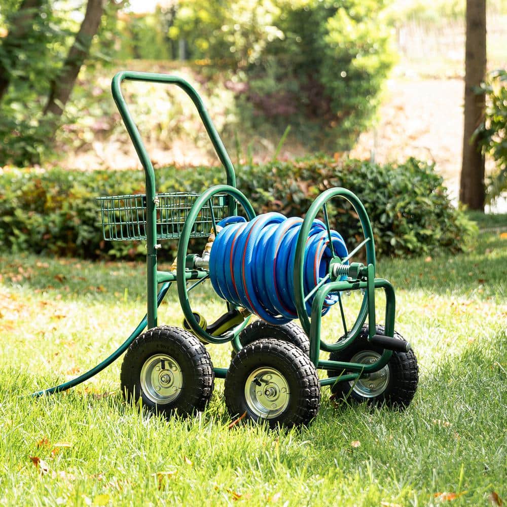 Green Steel 4-Wheel Garden Hose Reel Cart with Climate Resistant Finish