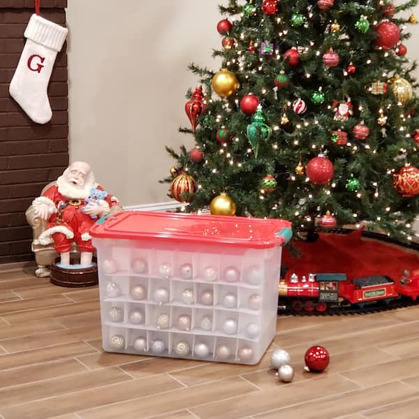 Homz 12 Gal Ornament Storage 60 ct Red/Clear, 22-3/4 x 15 x 13 H