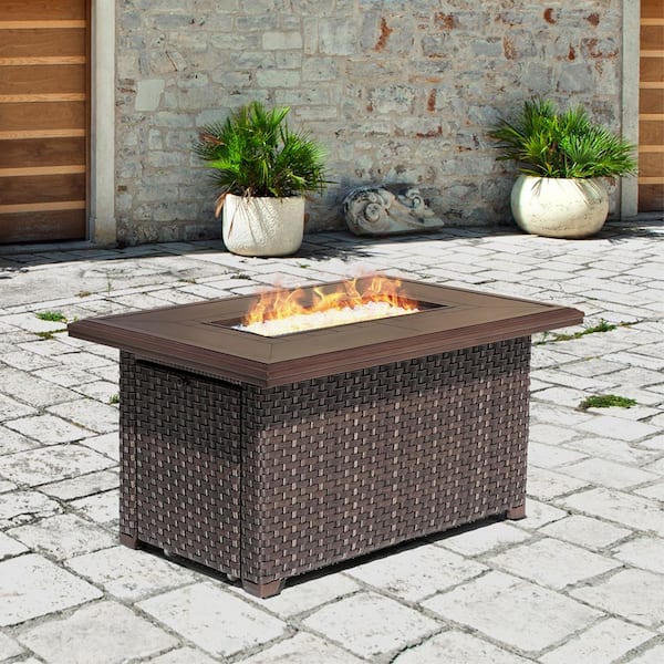 Patio Time Rectangle Aluminum Rattan Fire Pit Table, Brown