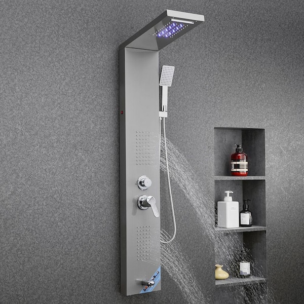 Shower Panel Tower, 53 in. Brushed Stainless Steel, Rainfall Shower Head, LED, 5-Function Faucet, Handheld, Tub Spout