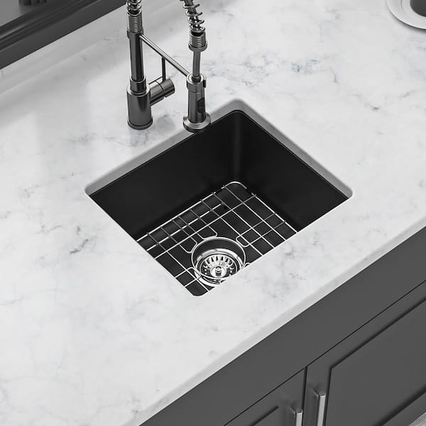 18 in. Undermount Single Bowl Black Quartz Kitchen Sink with Bottom Grids