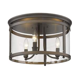 Payton 14.75 in. 3-Light Rubbed Bronze Flush Mount with Clear Glass Shade