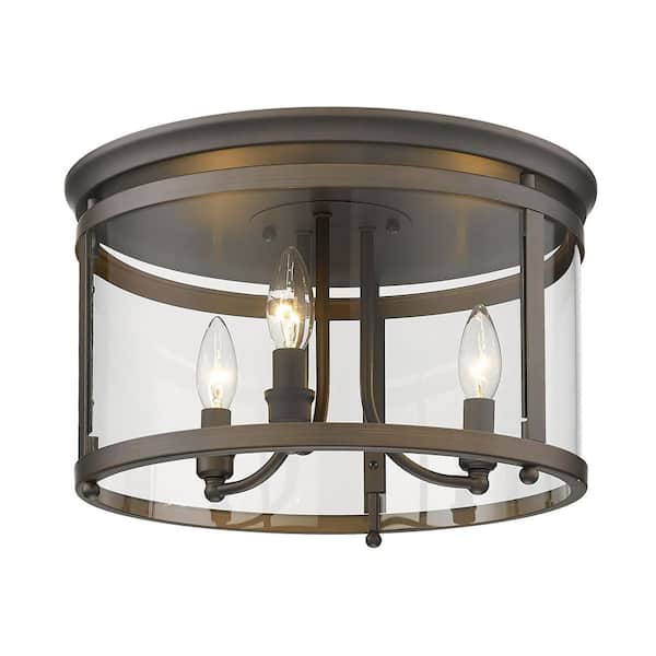 Golden Lighting Payton 14.75 in. 3-Light Rubbed Bronze Flush Mount with Clear Glass Shade