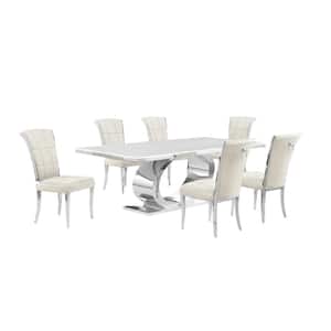 Ibraim 7-Piece Rectangle White Marble Top With Stainless Steel Base Dining Set With 6 Cream Velvet Iron Leg Chairs