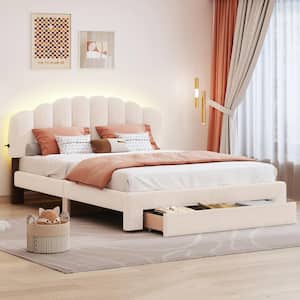 Beige Teddy Fleece Wood Frame Queen Size Upholstered Platform Bed with Large Drawer, LED Lights and USB Ports