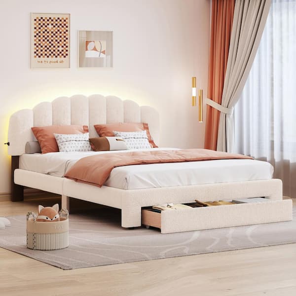 Harper & Bright Designs Beige Teddy Fleece Wood Frame Queen Size Upholstered Platform Bed with Large Drawer, LED Lights and USB Ports