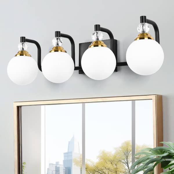 25.2 in. 4-Light Black and Gold Vanity Light with Globe White Frosted Glass Shade