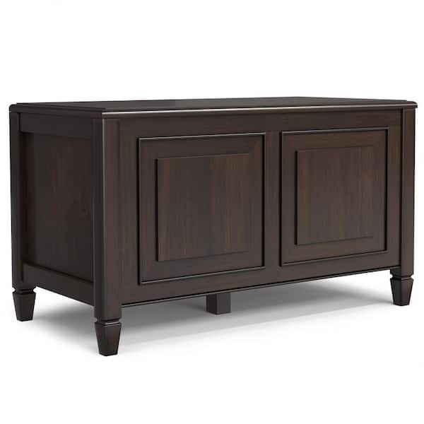 Simpli Home Connaught 36 in. Wide Solid Wood Small Storage Bench Trunk in Chestnut Brown