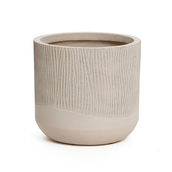 LuxenHome 11.4 in. H Blended Tan with Wood Pattern Round Ceramic Floor Planter