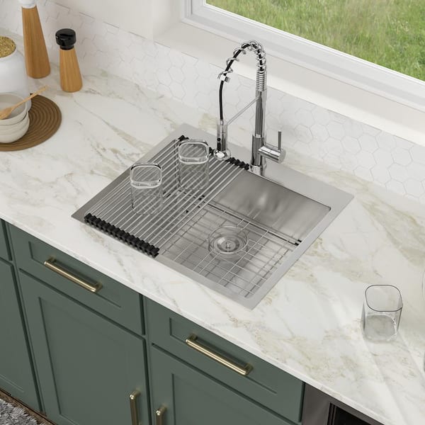 Logmey 28 in. Drop in Single Bowl 18-Gauge Stainless Steel Kitchen Sink with Bottom Grids