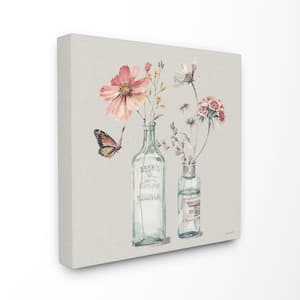 17 in. x 17 in. "Flower Jar Butterfly Bee Pink Grey Painting" by Lisa Audit Canvas Wall Art