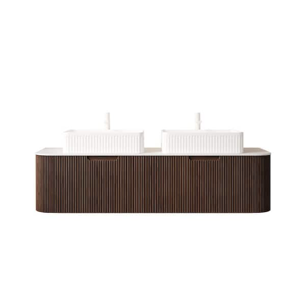 60 in. Wall-Mounted Dark Walnut Bath Vanity with White Solid Surface Top Pre-Assembled