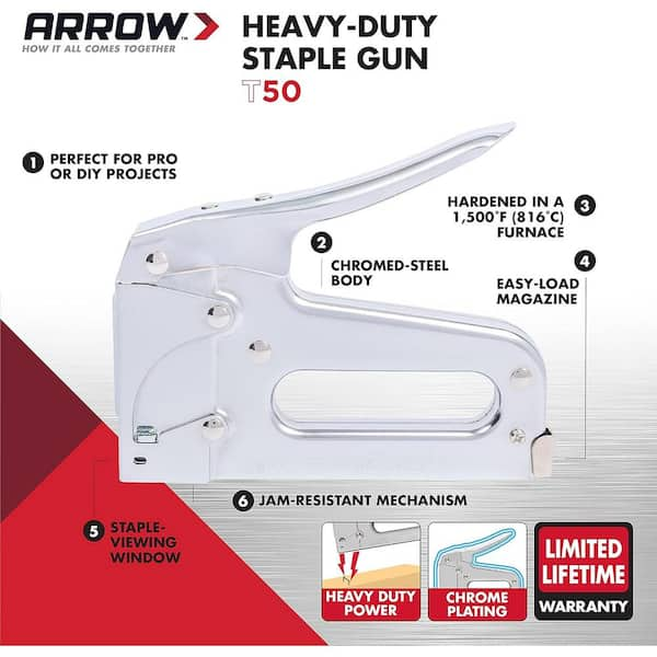 Arrow T50 Heavy Duty Staple Gun for Upholstery, Wood, Crafts, DIY and  Professional Uses, Manual Stapler Uses 1/4”, 5/16”, 3/8, 1/2, or 9/16”  Staples